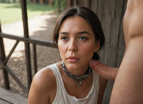 A white settler tied a young Ponca squaw, (typical Native American appearance), (Shackled. compressed, complex), (precum:1.8), ((slave:1.4)), (60yo), to a fence.The atmosphere is tense and cinematic, like a scene from an old adventure film. Bright sunlight, dramatic shadows, and detailed skin, fabric, and jewelry are featured. The film features realistic staging, dynamic composition, cinematic lighting, hyper-detail, a historical adventure style, a 35mm still, realistic camerawork, overhead camera angles, and intimate sex scenes. Native American woman in Ponca national dress, (mature skin:1.4), (stretch marks:1.2), he took his dick out of his pants.cum on tits. braless, The poor girl looks at his penis in frightSmall tits fall out.Fright, disbelief, tears.Eyes wide open.cumming in her mouth.8>, Native, American, Brown, Skin, tan, skin, detailxl, flat, chested, (style\), <lora:SDXLHighDetail_v6-000005:.8>, <lora:Anime_Eastern_Woodlands_Native_American:.8>, <lora:Ayami Kojima_XL:.8>, <lora:flat_chested_v3.5:.8>, cute, doodle, <lora:cutedoodle_XL-000012:.8>