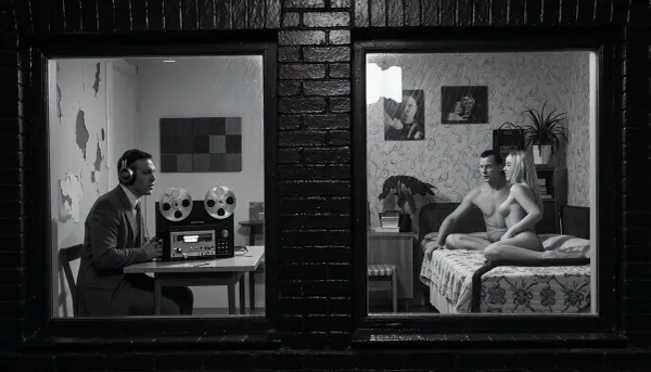 Late 1970s German Democratic Republic, historically accurate monochrome documentary night photography, museum-quality archival realism in dramatic East German social documentary style, an ultra-photorealistic black-and-white image with exceptional greyscale tonal range, deep blacks, luminous highlights, rich analog film grain, subtle grain, view from outside on a rainy night, a dark wet brick facade with glistening reflections, two windows close together. Each filling enough of the frame so that face and subtle expressions are readable. Left window, a peeling, sparsely furnished room with worn walls, acoustic panels implied, a man in DDR suit sits at a simple table with a professional black reel-to-reel tape recorder with two prominent aluminum reels, illuminated VU meters, toggle switches, analog controls, and visible electronics, wearing large over-ear headphones, he hears music, posture tense and focused, face showing subtle Concentration, brows drawn, jaw set, right window a modest DDR bedroom with simple bed thin blankets, practical furniture, bedroom with patterned wallpaper, decorative accessories, family photographs, books, a healthy potted plant, muted fabrics, an detailed adult nude couple has sex on the bed, Faces and bodies visible and highly detailed rendering, joyful sex from behind, German man, 42 years old, and his beautiful blonde wife, 35 years old, Rain-slick window glass with faint interior reflections, high resolution faces and textures despite the low light, respectful, tense atmosphere, no modern objects.