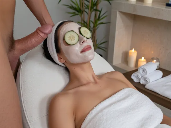ultra close up of beautiful woman alone relaxing in a spa chair, focus on face, viewed from the front, reclined comfortably with her head resting back against the headrest, shoulders and upper chest visible, a smooth white clay face mask covering her entire face, two round cucumber slices placed over her closed eyes, serene peaceful expression, soft relaxed smile, wrapped in a plush white spa towel with a soft terry headband holding her hair back, Environment and light, soft diffused spa lighting, calm tranquil atmosphere, cinematic realism. A naked man is standing besides her, (head out of frame), ., (He is masturbating his huge cock just above her head:3), . Around her, a serene spa treatment room with pale stone walls, flickering candles on a nearby shelf, neatly folded white towels, a small potted bamboo plant, warm ambient glow.