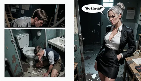 old art studio sketch drawing, A comic book front page., (4 panels), The page is a stark, high-contrast Pornografic composition with dramatic, heavy use of sharp, chiaroscuro lighting, The style is gritty, noir, and highly stylized, arranged to build tension and focus on the character's form and actions. masterpiece, best quality, cinematic lighting, ((character reference sheet:1.4)), (masterpiece:1.2), (Uber realistic), (ultra realistic), cuckold style, dark background, art capturing the style of Frank Miller body-focused composition from a high angle, alluring figure, dynamic composition, watercolor techniques integrated seamlessly into a maximalist masterpiece, hyperrealism, hypperrealistic, hyperdetailed, 64k, ultraHDR, casting harsh shadows and capturing every dirty, glistening detail. The atmosphere is one of pure degradation and sleazy abandon, ((uncensored)), (very dark background), ((Dr. Berger, white comic Bubble, "You Like It!!!")), A tense scene in a school restroom. A young male student, about 21 years old, is knelling in frontof a toilet seat in one of the stalls, His face is shamed, eyes down, He is licking the ground, The stall door is wide open. Standing in the doorway, filling the frame with her imposing presence, is the school's female principal. She is an elegant, facial wrinkles, Frau Berger, woman 60 years old, grey hair, (she is wearing a black blazer, black pleated skirt, high heels, white blouseand, her hair is in a tight, professional bun. massive tits, Her hands are on hips, and her expression is one of cold, disappointed fury mixed with a hint of cruel amusement. The lighting is harsh and fluorescent, casting stark shadows and highlighting the sterile, tiled environment of the public restroom, emphasizing the student's humiliation.), ((Piss Puddle))