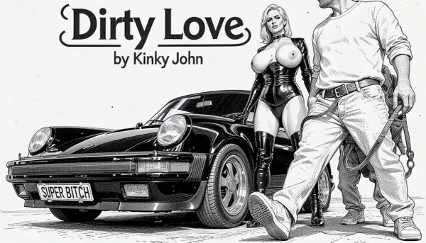 "Dirty Love by Kinky John" a elegant voluptuous older MILF Latex Domina with gigantic massive breasts, large ariolas, puffy nipples, standing by her black PORSCHE. a license plate, "SUPER BITCH" A old cuckold lead on the leach, on all four, follows her, on all four. low angle, POV, (detailed pen and ink sketch:2)