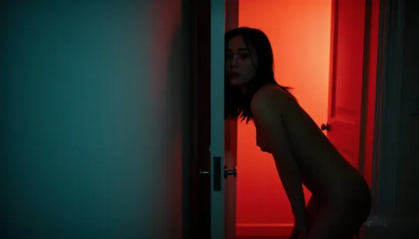 Fine art cinematic photography, Wong Kar-wai aesthetic, CineStill 800T, heavy grain, deep teal and red split lighting, near total darkness, extremely shallow depth of field.
A very yyoung woman nude, looks at the viewer.

She leans in a doorway in the deep background, silhouetted against blazing red orange light flooding through the door, her nude form dark against the red, face indistinct, watching or waiting, the doorway a rectangle of burning red in the dark room.
Deep teal consuming the foreground, red consuming the background, the two figures in completely different colour worlds, heavy grain amplifying the darkness between them, the space between the two figures loaded and unresolved.