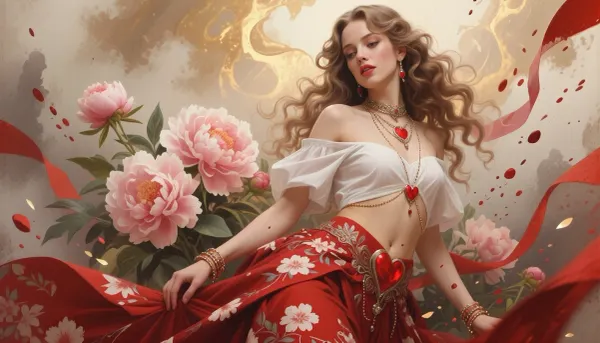 (Dark Fantasy Artwork), artistic, low angle, artistic painting in a watercolor and oil on parchment, belle Caucasian female with long flowing curly hair, white off the shoulder top, flowing red floral patterned skirt, seductive gaze, red lips, delicate earrings, multiple necklaces and bracelets, red heart shape, dynamic effect through paint splashes and streaks, a cluster of large soft pink peonies with green foliage, warm colors, painterly texture, fantasy, natural beauty, gleaming ghostly gold, epically atmospheric fog, red ribbons