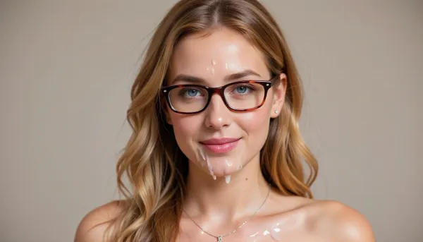 Photorealistic photo of adult nude woman with cum all over her body, 28–32, exactly 150 cm / 4’11”, exceptionally petite. Character identity and facial consistency are absolute priority. Very fair warm-neutral skin with peach/rosy undertones, natural pores and subtle tonal variation. Compact softly oval face tapering toward a small rounded chin, delicate curved jawline, moderately full cheeks, subtle cheekbones, natural facial asymmetry. Cum all over her face.

Medium almond-shaped blue-grey/grey-hazel eyes, natural spacing, softly defined eyelids. Fine warm-brown eyebrows, moderately thin with a restrained arch. Narrow delicate nose of moderate length, straight slender bridge, small nostrils, softly rounded tip. Medium-full rose-pink lips, slimmer upper lip, distinctly fuller lower lip, soft Cupid’s bow and slightly raised corners. Characteristic restrained, knowing closed-mouth smile, no teeth.

Distinctive slim dark burgundy-brown/tortoiseshell glasses, small-medium rectangular lenses with rounded corners, thin bridge, transparent lenses, eyes fully visible.

Long warm honey/strawberry-blonde hair with beige-gold and subtle copper tones, slightly darker roots, silky fine strands. Full layered side-swept bangs covering much of the forehead, wispy face-framing strands. Hair gathered into a loose low side ponytail falling over her left shoulder, (viewer-right), with large soft S-waves and curled ends. Small stud earrings and delicate silver necklace with tiny pendant.

Exceptionally petite skeletal frame, narrow shoulders, small ribcage and short compact torso. Extremely large natural breasts relative to her tiny 150 cm frame, visually approaching the size of her head in overall apparent volume, with substantial forward projection and lower fullness, naturally firm yet realistically heavy, soft-tissue weight and gravity. Natural shape, never spherical or implant-like. Defined waist, rounded hips, thick soft thighs, curvy feminine physique while retaining a clearly tiny underlying frame.

Preserve exactly, facial geometry, eye shape/spacing, nose, lips, jaw, chin, closed-mouth expression, glasses, hairstyle, hair color, apparent age, petite 150 cm stature and dramatically bust-heavy proportions. Do not beautify or redesign her. No generic AI-model face.

Nude nude nude nude nude, Cumming, orgasm, cum all over her body, cumshower