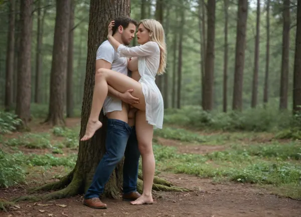 a full bodies view of a 29 years old plump and super short girl and large man, very short girl, (((girl in unbuttoned wide opened super transparent white blouse))), downbloused, nude breasts, girl with super light blond hair, girl with super long hair, full bodies view, girl is being forced to have vaginal intercourse by a super slim large man, girl standing upright at tree, side view, being fucked in the pussy by a slim man, green meadow in a forest, day time, the man stick´s penis deep into girl´s vagina, detailed pussy, hairy pussy, (((man full body view))), super tall man, showing the complete bodies, hyper realistic photo, man is standing in front of girl, man is fucking the girl
