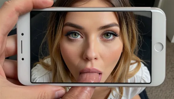 Photorealistic POV photograph taken with a smartphone. A hand is holding a modern smartphone in the foreground, its screen clearly displaying a live or captured photo of the same 38-year-old average BBW MILF sucking cock. Photorealistic portrait of a young adult woman with a softly elongated oval face, balanced feminine proportions and a gently tapered lower face. Smooth fair-to-light warm complexion with subtle peach-golden undertones, natural fine skin texture and faint visible pores. Medium-high forehead, softly rounded hairline. Large, striking almond-shaped blue-green eyes with pale gray-blue outer irises, warmer green/golden tones surrounding the pupils and clearly defined dark limbal rings. Eyes moderately wide-set, slightly lifted outer corners. Long, separated dark eyelashes, emphasized upper lashes and subtle black winged eyeliner extending outward. Light brown/taupe eyebrows, medium density, relatively straight through the inner portion with a soft natural arch and tapered ends.

Straight, proportionate nose with a narrow-to-medium bridge, smooth profile and softly rounded tip, moderately narrow nostrils. Full, symmetrical lips with a clearly defined Cupid’s bow, upper lip moderately full, lower lip noticeably fuller and softly rounded, natural pink-peach coloration with a subtle glossy finish. Gentle cheek contours, moderately high cheekbones without pronounced hollowness. Soft jawline flowing into a small rounded chin. Tiny beauty mark beside the lower cheek near the mouth.

Long, straight-to-softly-wavy dark-blonde/light honey-brown hair with dimensional beige, caramel and golden-blonde highlights, center part, darker natural roots. Two very thin face-framing braids falling vertically beside the cheeks, with loose blonde strands framing both sides of the face. Natural, realistic facial anatomy, individual hair strands, authentic skin microtexture, lifelike eyes, high-detail photography, no facial exaggeration, no artificial skin smoothing. In the main scene, she is kneeling on the carpeted floor of a typical office, blonde shoulder-length hair, soft curvaceous BBW body. She has cum on her face and dripping over her large exposed breasts. She is still wearing a professional office skirt. Her white office blouse is fully unbuttoned and pulled open, exposing her large, heavy, naturally sagging breasts with realistic soft shape and texture. She is looking slightly down and away from the camera with a deeply ashamed and embarrassed expression — flushed red cheeks, teary eyes, and a humiliated frown. One hand weakly holding the edge of her open blouse. Natural office lighting, intimate low-angle POV, highly detailed skin texture, realistic facial emotion, cum details, and body, 8k photorealism, realism, realistic cum, redhead, ginger, sexy slim milf, cougar, humiliated bitch, aroused, terrified, shocked, realistic smartphone, cum on face, ((cum dripping from her cheeks))