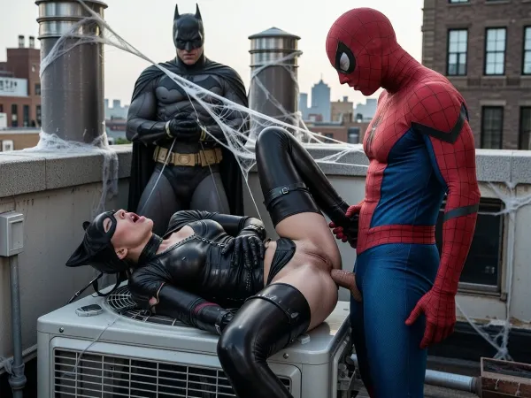 sur un grand toit de gotham city, catwoman est allongée sur le dos sur un bloc de climatisation en tenue spandex noire déchirée à l'entrejambe elle porte son masque, son vagin est trempé elle a un orgasme, spiderman a la bouche fermée il est debout entre ses jambes sa bite est sortie de son costume ultra moulant sans un seul pli il baise catwoman profondément, en arrière plan loin de la scène batman est solidement attaché il a les bras empêtrés et les mains liées au niveau des poignets par une toile d'araignée géante tendue entre deux conduits d'aération et il est obligé de regarder la scène, il enrage, costumes ultra réalistes et près du corps lumières et couleurs légèrement saturées, (prise de vue par caméra i max et éclairage de plateau de cinéma)