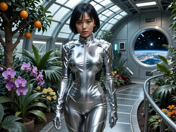 A futuristic greenhouse inside an orbital space station of the future, a young Asian woman with a short haircut and a calm expression walks along a wide, curved, silvery metal walkway. She is wearing a form-fitting, shiny silver jumpsuit with dark blue inserts on the sides and gloves. All around is dense, lush vegetation, to the left, a citrus tree bearing ripe orange oranges, large purple orchids, various flowers, and tropical plants, tall, arched metal structures with glass panels that mimic daylight, and behind her, a large round porthole window offering a view of Earth, the stars, and the blackness of space, cinematic lighting, highly detailed rendering of skin, fabric, leaves, and metal, photorealism, sci-fi