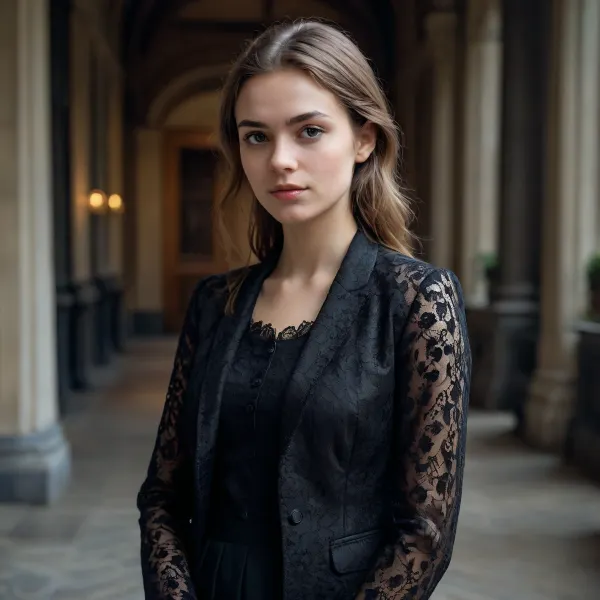 Une femme de 24 ans aimable. Elle travaille beaucoup, elle développe des applications. Veste professionnelle, noire, dentelles.