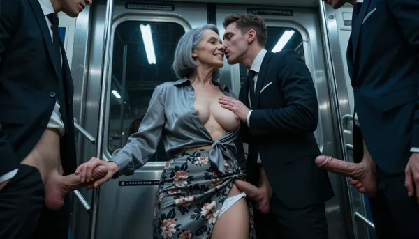 Photorealistic and cinematic concept art, shot with a 35mm lens from a low angle, between the legs to create an impression of imposing dominance. An empty, claustrophobic, and dimly lit subway car at midnight, under harsh, flickering fluorescent light that casts deep shadows and cold reflections., (An elderly woman, 70 years old:1.8), . Her skin is that of a 70-year-old woman. The old woman has gray hair, (small, long, and very saggy breasts:1.8), ((highly detailed skin)), . With her hair cut in a bob, she wears an unbuttoned gray silk blouse that reveals one breast and a floral miniskirt slit at the side, pressed against the cold, metal-framed glass doors. A seductive smile. Three men in their twenties, dressed in dark, elegant suits, form a triangular cage around her. Their genitals are exposed. The man in the center, one hand pressed against the glass near her head, caresses her breast with the other, his face inches from hers, leaning forward for a kiss. A hand grips the small of her back, fingers digging into the fabric. A third man's hand slips inside the slit of her skirt, caressing her thigh and sliding up, revealing her white panties. She reaches out to grasp a bare penis in each hand. Her expression is a mixture of breathless anticipation and palpable apprehension. Her lips form a faint smile, her wide-open eyes reflecting the zenithal light. An atmospheric haze, breath visible in the cold air, an electric tension. A palette of sterile blues, deep blacks, and shimmering silver silk. High contrast, hyper-detailed skin textures, dramatic chiaroscuro, film noir aesthetics, 8K resolution, a masterpiece, impeccable sharpness.