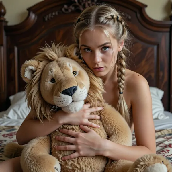 A photograph featuring a beautiful young woman with light hair braided into neat pigtails, sitting on a vintage wooden bed. She is hugging a large, fluffy stuffed lion. Her expressive eyes look directly into the camera. Soft, cinematic lighting, an intimate atmosphere. A masterpiece, high resolution, photorealistic, sharp focus, and detailed skin texture