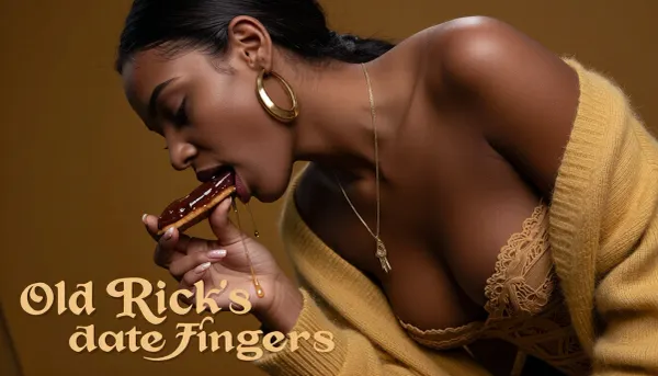 Hyper realistic fine art fashion photography, ethereal and precisely rendered, saturated yet delicate, razor sharp focus.
Rear view, a young woman bending forward, focus on her exposed form, eating a long date finger biscuit, honey and date syrup dripping, expression languid and completely absorbed, rich dark skin flawless and luminous, dark hair slicked back severely, large deep gold oval drop earrings, thin gold chain necklace with a pendant of a hand, soft deep gold mohair cardigan open over a caramel lace corset.
The date finger held loosely between her fingers, long and slender, dark sticky date filling visible at the bitten end, honey and syrup trailing down her fingers, warm and slow, the biscuit oversized and hyper real in every detail, the deep gold of the accessories and the rich caramel of the date in perfect dialogue.
Soft diffused studio light, no harsh shadows, her dark skin luminous and warm against the deep gold background, rich dark skin, gold, caramel and honey the entire palette, surreal and kitsch yet precisely rendered, both too perfect to be entirely real.
Plain rich burnished gold background.
In the foreground text in a creative font
"Old Rick's date fingers"