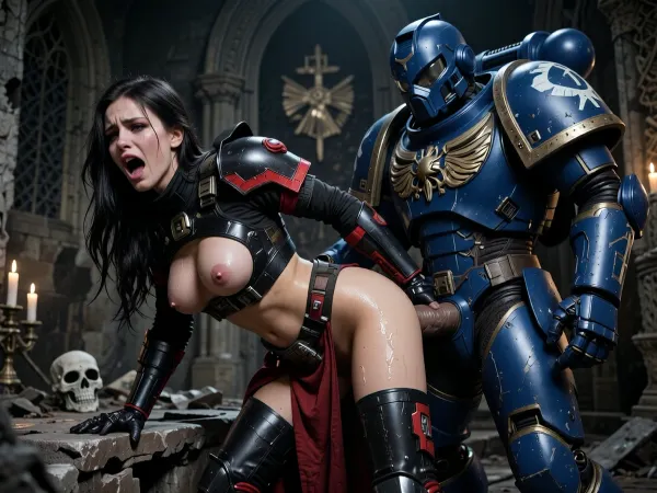 Ultra realistic hardcore porn photograph, highly detailed, photorealistic. A beautiful Adepta Sororitas Battle Sister with long dark hair, pale skin and intense eyes is being fucked hard by a massive Space Marine. She still wears parts of her black and red power armor – the breastplate is open or removed, exposing her large breasts, and her armored skirt is pushed aside. The rest of her body is naked and sweaty, orgasm face, she is screaming and crying.

The Space Marine is fully armored in blue Ultramarines power armor, his helmet on. His massive cock is out of his armor and buried deep inside her pussy or ass as he pounds her hard. She is bent over a ruined altar or against a gothic wall in a dark, war-torn cathedral setting with skulls, candles and Imperial symbols in the background.
Both are fully visible. Extremely detailed skin and armor textures, realistic sweat, explicit penetration, dramatic lighting, cinematic composition, ultra high resolution, sharp focus, hardcore Warhammer 40k porn aesthetic.