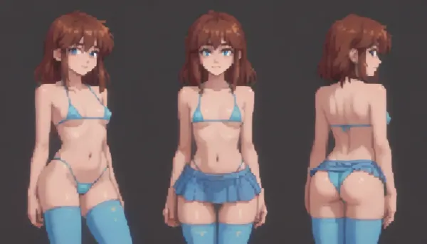 Stylized pixel art, bratty eighteen year old tight bodied girl, toned fit gym body, thick thighs, wide hips, pert round ass, toned stomach, small breasts, with long brown hair, wearing black glasses and a tiny crop top and string thong. She has a playful, cheeky expression, smirking flirtatiously, standing in a, (futuristic city alleyway, at night, lit by, neon light, refelections, rtx), her hands are against the wall and she is being, Her outfit includes knee-high, micro bikini, micro skirt, thigh-high stockings. Retro anime pixel aesthetic, soft halftone shading, vibrant colours, black background, cute and energetic pose — 16-bit inspired sprite style., pixel, art, <lora:ratatatat74-000050:.2>, <lora:outline_xl_kohaku_delta_spv5x:.8>, <lora:cartoon_stickers_xl_v1:1.6>, <lora:NEOTOKIOXL_0.2_RC:1.1>, <lora:pixel_stormXL:1>