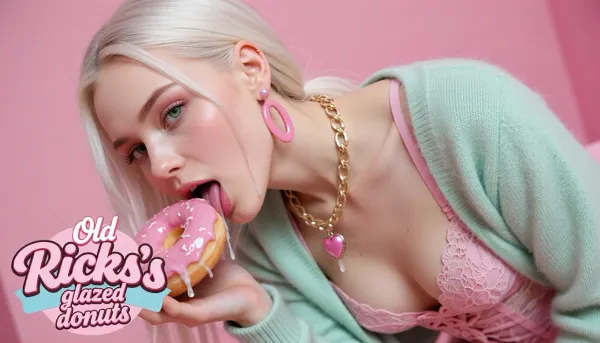 Hyper realistic fine art fashion photography, ethereal and precisely rendered, saturated yet delicate, razor-sharp focus.
rear-view.

A young woman, she is bending forward, she licks a donut with clear dripping glaze, (she has porcelain albino skin flawless and luminous, platinum white hair slicked back severely, green eyes, flushed pink cheeks, large pink oval drop earrings, chunky gold chain necklace with a pink heart pendant, soft mint green mohair cardigan open over a pink lace corset with nipples), .


Soft diffused studio light, no harsh shadows, the pale skin luminous against the vivid pink, porcelain and pink and mint the entire palette, surreal and kitsch yet precisely rendered, both too perfect to be entirely real. Plan pink background.

In the foreground text in a creative font "Old Ricks's glazed donuts"