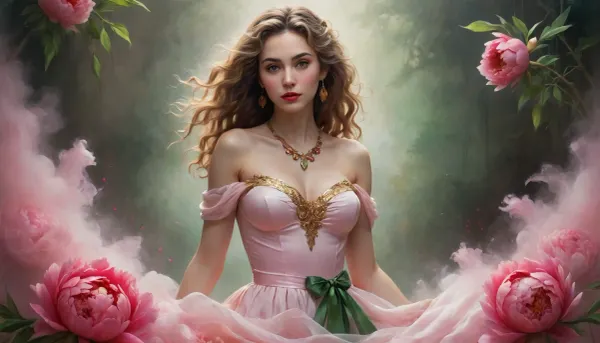 (Dark Fantasy Artwork), artistic, low angle, artistic painting in a watercolor and oil on parchment, the background features a large abstract red heart shape, 40 yo, belle caucasian female with long flowing curly hair, white off the shoulder top, flowing red skirt, seductive gaze, red lips, delicate earrings, multiple necklaces and bracelets, red heart shape, dynamic effect through paint splashes and streaks, a cluster of large soft pink peonies with green foliage, warm colors, painterly texture, fantasy, natural beauty, gleaming ghostly gold, epically atmospheric fog, red ribbons, /KlTTY-ART/