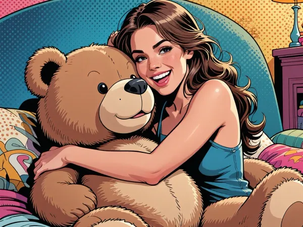Close-up comic book illustration of a cheerful young woman sitting on a cozy bed, hugging a giant, fluffy plush bear. Vibrant pop art colors, clean ink outlines, dramatic dynamic shading, Ben-Day dots texture in the background. Expression of pure happiness. High-end graphic novel style, professional artwork, 8k resolution, crisp details, masterpiece.