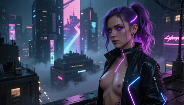 A masterpiece, top-notch quality, ultra-detailed rendering, cinematic lighting, sharp focus, Night City, cyberpunk, a beautiful young punk woman standing on a city street at night, with a serious and calm expression on her face, her purple punk hair pulled back into a small ponytail, her bright purple cybernetic eyes shining, a thin, glowing purple line from a neural implant on the side of her head near her ear, piercings, she’s wearing a black cyberpunk tactical jacket with a zipper zipped down, glowing neon stripes—blue and purple—fog hovers between the buildings, looming, gloomy megastructures, holographic billboards, and neon signs in shades of pink, blue, and purple, a dark, cinematic atmosphere with high contrast
Ultra-high quality, 4k brilliant picture, Ultra-detailed, hyper realistic, best quality, ((ultra wide angle, bird view)), in style of the game „cyberpunk 2077“, (female hacker in right part of the picture), purple colored hair, long messy wavy hairstyle, neon pink parts, partially nude, standing on the roof, holographic „hacking“ lines, in background, {big city, cybercity, giant holographic ads, ambient neon lights, } rainy night, dark ambiente, (bokeh), Womans body slightly wet from rain, water droplets beading down her chest