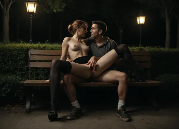 8k uh hyper realistic, score_9, score_8_up, score_7_up, score_6_up, public, porn drama, porn melodrama, passers-by, onlookers, and witnesses, night, park, lanterns, very drunk beautiful girl 18 years old, light orange hair bun, small breasts, high-heeled shoes, nylon black stockings, no bra, her panties are down to her ankles, erect nipples, skirt with ruffles pulled up, there's a half-empty bottle of whiskey on the bench, (mouth open), head back, clothes soaked, eyes closed, (exhausted), (leaning back), sitting on park bench, knees spread wide, one leg up, outdoors, lush background, there is a young man standing behind her back of bench, he bent down and kisses girl, at the same time squeezing her breasts hard, he wants to help the girl calm her sexual arousal, ((grabing her thigh, she spreads her vagina with her fingers)), (huge vagina:1.7), (gaping vagina:1.6), (extreme pussy juice dripping), (love juice:1.8), (lot of pussy juice:1.2), (long genital slit), (((Full frontal wide view))), drinking, drunk, bottle, whiskey, with, milf, perfect faces of all models, perfect hands, perfect fingers, 5 fingers on a hand, perfect vagina, realistic vagina, detailed vagina, clear image, masterpiece, UltraHD images, 4K, realistic, film, photography, <lora:Creat0r_MagicDetailzV2_FIX:.8>, <lora:realistic_film_photography:.8>, <lora:dark:.2>, <lora:sd_xl_dpo_lora_v1:.8>