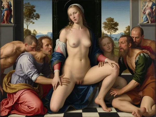 A Renaissance painting of a woman, Masterpiece, Virgin Mary, body, e, cute tall skinny, pretty Virgin, medium boobs, orgy, vaginal sex, group sex, gang bang, gangbang, art, ((renaissance style painting:1.5))