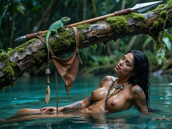 Ultra-realistic cinematic masterpiece, extreme foreground-background separation, dominant razor-sharp foreground plane, the absolute foreground is occupied by a massive moss-covered jungle branch cutting diagonally across the frame, the branch, the hanging loincloth, the resting spear and the tiny gecko are the only elements rendered in crisp focus, every moss filament, bark crack, water droplet, leather fiber and metal scratch resolved with extreme micro-detail, a clearly recognizable primitive leather loincloth hangs loosely over the branch, shaped as a small triangular front covering with long thin side ties, decorated with dangling leather cords, tiny carved bones, beads, shells and polished stones, beside it an exceptionally slender lightweight throwing spear rests diagonally against the branch, its straight hardwood shaft only about 1.2 centimeters in diameter, narrow leather wrapping around the hand grip, an extremely long, delicate needle-like polished metal spearhead, refined, lightweight and aerodynamic, a tiny emerald-green gecko sits on the moss nearby, spectacularly detailed scales, claws and luminous iris, 100 millimeter prime lens, extremely shallow depth of field, several meters behind and visually lower than the foreground branch lies a crystal-clear turquoise jungle pool, completely separated from the sharp foreground by heavy optical defocus, in the blurred background below the branch a tribal woman, 28 years old, deep dark-brown skin, slender athletic physique, long wet black hair, black pubic hair, extensive dark tattoos across her nude body, huge tits, long nipples, wearing only a primitive bone-and-stone necklace, completely nude because her loincloth is visibly hanging on the branch in the foreground, she remains deeply immersed in the water, reclining and stretching lazily during a peaceful break from hunting, eyes closed, completely relaxed, both hands free, slowly washing herself and gently running her hands over her shoulders, neck, arms and torso while enjoying the cool water, passive unhurried body language, her submerged body softly visible beneath the exceptionally clear turquoise-green surface through realistic refraction, the elevated viewpoint looking slightly downward makes her underwater silhouette perceptible without bringing her into focus, gentle ripples around her body, dense emerald mist drifting low across the pool, humid green haze between tree trunks, lush tropical vegetation dissolving into teal and moss-colored bokeh, soft cool forest light, deep shadow separation, rich tonal contrast, subtle analog film grain, physically believable optics, poetic accidental intimacy, immersive photorealistic rainforest atmosphere