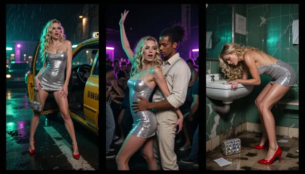 Masterpiece photorealistic cinematic nightclub triptych, exactly three equal vertical panels with clean black borders, one single image showing three stages of the same long, chaotic nightclub night. Same adult woman in all panels, 25, identical face and body, long blonde corkscrew curls, silver sequin mini dress, bare legs with subtle natural sheen, glossy red heels, jeweled handbag as recurring object. Left panel, night rain, open taxi door, wet asphalt reflecting green and purple lights, she looks alive and excited, spontaneous start of the night, Center panel, deep inside a dark, crowded club, mosh pit-like energy, tightly packed bodies, almost no free space, she is not posing or isolated, torso leaning forward into the rhythm, arms thrown high in wild motion, head moving, long blonde curls whipping through smoky air, sweaty glossy skin mostly underexposed, only neon green, teal, and purple rim lights catching hair and sequins, chaotic rhythm and heat. Right panel, filthy nightclub bathroom, dark greenish light, cracked tiles, grime, scattered paper, wet floor, dirty sink, Her jeweled bag lies on the dirty floor, She is bent forward over the sink, face lowered, hands braced on the edge, sweaty damp curls stuck to skin, smeared makeup, unfocused eyes, The same silver dress, rumpled, still fully covering, bare legs, red heels on, she has sex from behind, with, a attractive Caribbean man with a penis, 28 years old, long dreadlocks, dark skin, broad shoulders, light beige open linen shirt, pale linen trousers, suspenders, calm, respectful, He stands directly behind her, hands strongly steadying her at the hips so she doesn't fall, clearly careful fucking, Raw, claustrophobic, non-erotic atmosphere, just human care in a very dirty, worn much smoky air club bathroom