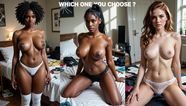 Ultra realism, 8k UHD, ultra detailed, cold natural lighting, sunlight illuminating a messy university student bedroom, perfect shadows. Picture divided in three parts. On the left side of the picture, Cute, shy, timid, goofy, wife, standing up, (nigerian, ulatra black skin woman, 25yo, clear face, spots, skin imperfections, afro brunette hair, square jaw, very clear green eyes, afro nose, natural sagging big breast, average waist, very wide hips, chubby thighs, chubby belly), she's wearing white thong, topless, white textured high socks, full body shot. On the right side of the picture, (nordic, pale white skin woman, 25yo, no makeup, freckles on her face, subtile skin imperfections, weavy redhead, high cheekbones, big clear brown eyes, long nose, natural small breast, slim waist, slim hips, slim thighs, flat belly), she's wearing a black lace panties, full body shot. On the center of the picture, (latina, dark skin skin woman, 25yo, no makeup, freckles on her face, subtile skin imperfections, long dark hair, mid long hair in a ponytail, high cheekbones, big clear blue eyes, natural big breast, slim waist, whide hips, slim thighs, flat belly), she's wearing white lace panties, full body shot . all women kneeling down, "WHICH ONE YOU CHOOSE ?" Medium text on the top of the picture.
