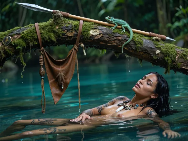 Ultra-realistic cinematic masterpiece, extreme foreground-background separation, dominant razor-sharp foreground plane, the absolute foreground is occupied by a massive moss-covered jungle branch cutting diagonally across the frame, the branch, the hanging loincloth, the resting spear and the tiny gecko are the only elements rendered in crisp focus, every moss filament, bark crack, water droplet, leather fiber and metal scratch resolved with extreme micro-detail, a clearly recognizable primitive leather loincloth hangs loosely over the branch, shaped as a small triangular front covering with long thin side ties, decorated with dangling leather cords, tiny carved bones, beads, shells and polished stones, beside it an exceptionally slender lightweight throwing spear rests diagonally against the branch, its straight hardwood shaft only about 1.2 centimeters in diameter, narrow leather wrapping around the hand grip, an extremely long, delicate needle-like polished metal spearhead, refined, lightweight and aerodynamic, a tiny emerald-green gecko sits on the moss nearby, spectacularly detailed scales, claws and luminous iris, 100 millimeter prime lens, extremely shallow depth of field, several meters behind and visually lower than the foreground branch lies a crystal-clear turquoise jungle pool, completely separated from the sharp foreground by heavy optical defocus, in the blurred background below the branch a tribal woman, 28 years old, deep dark-brown skin, slender athletic physique, long wet black hair, extensive dark tattoos across her body, wearing only a primitive bone-and-stone necklace, completely nude because her loincloth is visibly hanging on the branch in the foreground, she remains deeply immersed in the water, reclining and stretching lazily during a peaceful break from hunting, eyes closed, completely relaxed, both hands free, slowly washing herself and gently running her hands over her shoulders, neck, arms and torso while enjoying the cool water, passive unhurried body language, her submerged body softly visible beneath the exceptionally clear turquoise-green surface through realistic refraction, the elevated viewpoint looking slightly downward makes her underwater silhouette perceptible without bringing her into focus, gentle ripples around her body, dense emerald mist drifting low across the pool, humid green haze between tree trunks, lush tropical vegetation dissolving into teal and moss-colored bokeh, soft cool forest light, deep shadow separation, rich tonal contrast, subtle analog film grain, physically believable optics, poetic accidental intimacy, immersive photorealistic rainforest atmosphere