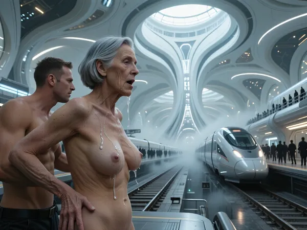 An overview from a distance of 4 meters. A man and A mature woman, 90 years old, 1.8. She has the skin of a 90-year-old woman. The old woman has gray hair cut in a bob. She has the skin of a 90-year-old woman. Change the face in every new picture., (small, long, very saggy tits:1.8), ((highly detailed skin)), insanely detailed, highest quality, high quality, detailed skin texture, an old, wrinkled body with sagging skin, sagging breasts, Massive cum starts to drip as she moves up and down. She starts rubbing her tits. She has a massive orgasm and slaps her butt.
futuristic train station, interior view of a massive sci-fi megastructure, high-ceilinged cavernous hall with organic flowing architecture, white and metallic aesthetic, glowing circular skylights, dramatic shafts of natural light, multiple train tracks with streamlined high-speed trains, silhouetted crowds of people on platforms, grand scale, cinematic lighting, hyper-realistic, intricate architectural details, sharp focus, volumetric fog, concept art style, masterpiece, 8k resolution, trending on ArtStation, ray tracing.