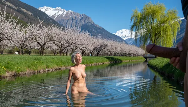 (A 70-year-old woman:1.8), . Her skin is that of a 70-year-old woman. The old woman has gray hair, (small, long, sagging breasts:1.8), ((very detailed skin)), . Hair cut in a bob., (Very detailed skin), . On the banks of the Fuller Canal in Valais, a fisherman spots a naked old woman in the middle of the canal, masturbating. The water is up to her knees. The woman has a delighted expression, full of pleasure and joy. The fisherman has taken out his penis and is masturbating while watching her.

A breathtaking landscape photograph, an orchard in full spring bloom, with rows of trees covered in delicate white and pale pink flowers. In the foreground, a calm, clear canal reflects the blue sky, lush green grass lines its banks, and a large, bright green willow stands to the right. In the background, majestic snow-capped mountain peaks rise against a deep, clear blue sky. Brilliant natural light, sharp focus, precise details, vibrant colors, wide-angle lens, serene and picturesque atmosphere, 8K resolution, cinematic composition.