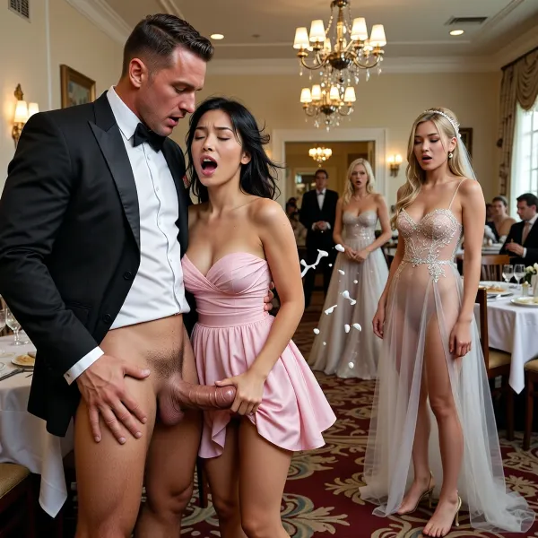 A handsome 30-year-old man with a huge penis, wearing a tuxedo and shirt, has sex with a petite 21-year-old Asian woman. She has tousled black hair. A woman in a pink bridesmaid dress has a petite build and medium breasts. The woman closes her eyes and moans with pleasure. In the background, a 30-year-old blonde in a see-through wedding dress enters the room and watches in horror as her husband has sex with their friend. A 30-year-old bride in a see-through dress over her naked body is naked. She stands in the room with a shocked expression on her face. She enters just as sperm bursts out of the 30-year-old man's penis. A 30-year-old man has vaginal sex, (penis in vagina), vaginal penetration, tight vagina, he is completely focused on enjoying the process. Full-length view. Static camera. Maximum realism, realistic face. A bright room, the chandeliers in the hall are on, illuminating the bride’s transparent dress and her naked, slender body. 1 boy, 1 girl, (naked woman, naked man, focus on man, (completely naked barefoot man with erect penis and big testicles stands in a crowded restaurant near a table, with his eyes open, only one naked 18 year old naked girl stands with her legs spread wide, sex with an excited vagina and holds his penis 1/4 in her vagina), (girl naked in high heels, masturbation with one hand:1.6)), smiling, happy, funny, face details, hand details, penis details, masterpiece, best quality, high resolution, absurd resolution, ray tracing, perfect skin, perfect face, (full body visible, full frame:1.2), warm side light, ultra detailed, intricate details, (photorealistic:1.5), 8k, UHD, sharp focus, (masterpiece:1.2), penis, dick