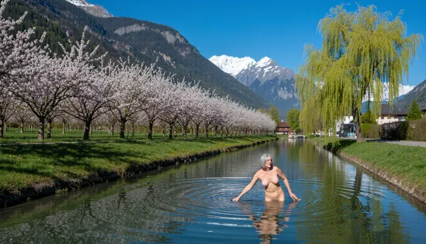 (A 70-year-old woman:1.8), . Her skin is that of a 70-year-old woman. The old woman has gray hair, (small, long, sagging breasts:1.8), ((very detailed skin)), . Hair cut in a bob., (Very detailed skin), . On the banks of the Fuller Canal in Valais, a fisherman spots a naked old woman in the middle of the canal, masturbating. The water is up to her knees. The woman has a delighted expression, full of pleasure and joy. The fisherman has taken out his penis and is masturbating while watching her.

A breathtaking landscape photograph, an orchard in full spring bloom, with rows of trees covered in delicate white and pale pink flowers. In the foreground, a calm, clear canal reflects the blue sky, lush green grass lines its banks, and a large, bright green willow stands to the right. In the background, majestic snow-capped mountain peaks rise against a deep, clear blue sky. Brilliant natural light, sharp focus, precise details, vibrant colors, wide-angle lens, serene and picturesque atmosphere, 8K resolution, cinematic composition.