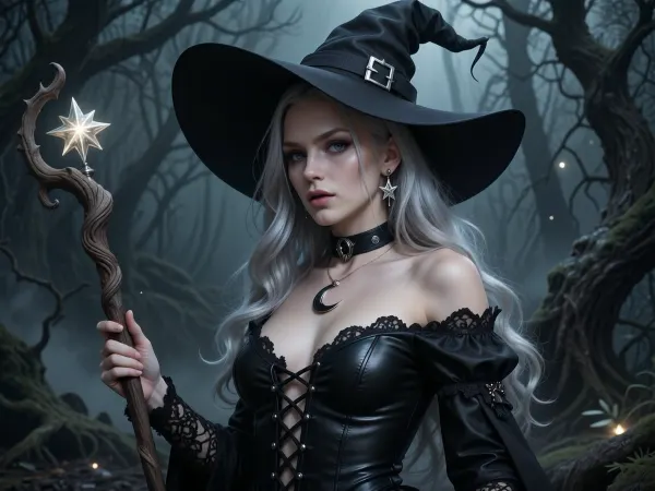 A highly realistic and detailed digital painting of a beautiful witch in a black leather dress with intricate lace-up details. She wears a large, bent witch's hat with a silver buckle. Her piercing eyes and long, wavy silver hair give her an enchanting look. She holds a mystical staff with a twisted wooden design and a glowing star-shaped ornament at the top. Her accessories include a black choker with a crescent moon pendant and matching star-shaped earrings. The background is a dark, foggy forest with eerie, twisted tree branches, creating a magical and mysterious atmosphere. Ultra-detailed, cinematic lighting, dark fantasy style