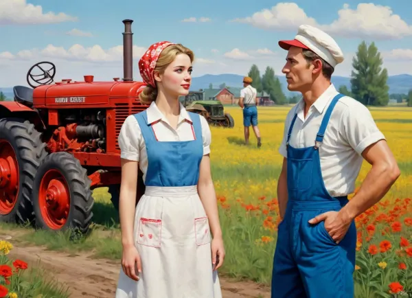 ((soviet propaganda poster style, bright solid colors, minimal detail, no color gradient, old anime style, low details)), in kolkhoz fields, in front of old tractor, hard body russian village girl, about 20 year old, short flower print sundress, white kerchief on head, talking to man who wears peaked cap and overalls