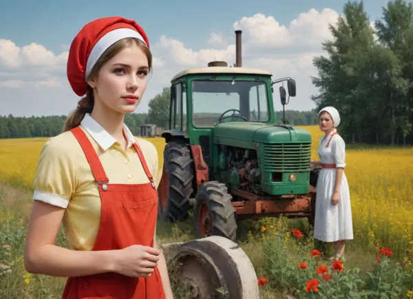 ((soviet propaganda poster style, bright solid colors, minimal detail, no color gradient, old anime style, low details)), in kolkhoz fields, in front of old tractor, hard body russian village girl, about 20 year old, short flower print sundress, white kerchief on head, talking to fellow in cap and overalls