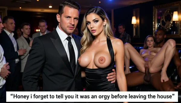 score_9, score_8_up, score_7_up, ultra-realistic photo of a handsome elegant man in his 30s wearing a perfectly tailored black evening suit with a white shirt and black tie, standing closely next to a stunning 33-year-old woman with goddess-like body in a luxurious swingers club. The man is holding the woman by the waist with his arm around her.
The woman has long blonde hair with dark roots, glamorous makeup and a seductive expression. She is wearing a tight black halter dress with an extremely deep plunging neckline that showcases her wide-set splaying outward 34H+ heavy massive breasts with severe breast ptosis, oversized large dark areolae and pierced nipples.
Both are looking at the camera with confident and sensual expressions.
In the background of the dimly lit swingers club, several people are watching. Clearly visible behind them, a naked couple is having sex, a woman lying on her back with her legs spread wide and a muscular Black man on top of her, penetrating her.
Luxurious club atmosphere with warm lighting, photorealistic, highly detailed skin and clothing texture, 8k, perfect body, perfect hands, perfect 5 fingers, perfect legs, perfect feet, perfect face, perfect mouth, perfect eyes, generate 4k detailed picture, high res, improve rendering quality and accuracy, ultra-realistic with high detail, high detail, maximum resolution, best photo quality, TTSR2, enhancement improve anatomy, improve generation quality, improve detailed image quality, sharp image, lifelike texture, NSFW picture. Big white text box at bottom reading, " Big white text box at top reading, " Honey i forgot to tell you it was an orgy before leaving the house "