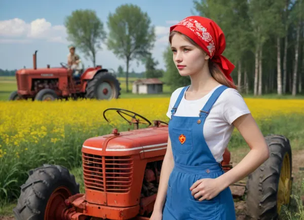 ((soviet propaganda poster style, bright solid colors, minimal detail, no color gradient, old anime style, low details)), in kolkhoz fields, in front of old tractor, hard body russian village girl, about 20 year old, short flower print sundress, white kerchief on head, talking to fellow in cap and overalls
