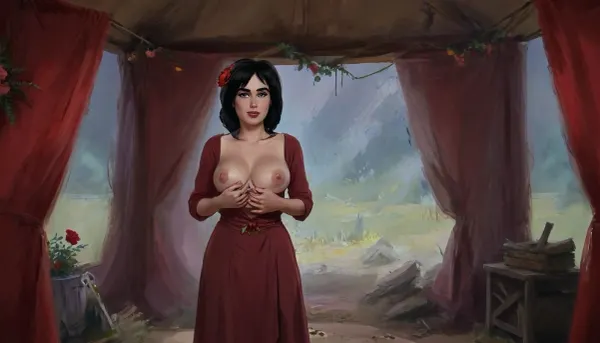 (one woman, french, mature 45 year old, black medium hair, small breasts, flower wreath, sensual smirk), (standing inside enclosed medieval brown war tent), (wearing burgundy medieval dress, open cleavage pulled down exposings breasts with hands), daytime, grasslands, close view above waist, (artwork, digital painting, fantasy art, loading screen art style), <lora:SumTim:.1>, <lora:J_cartoon:.1>, <lora:Sinister_Style_SDXL:.1>, <lora:EnvyAnimeDigitalPaintingXL01:.1>, <lora:shirtpull_SDXL:.1>