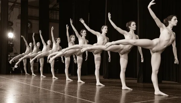 Vintage black and white photograph, chronological motion sequence of multiple nude female dancers striking dynamic ballet poses in a line across the stage, classic archival style, sepia-toned vintage photography, dramatic stage lighting, high contrast, grainy texture, historical dance performance documentation, full-length shot.