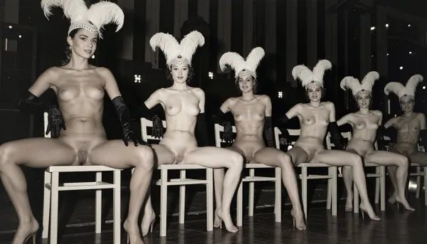 A line of seven nude showgirls in high heels, with feathered headdresses and black elbow-length gloves, striking a pose. The first showgirl on the left is closer to the camera and larger. The other showgirls are progressively smaller and further away, forming a diagonal line across the frame. They all have a similar pose, sitting on a light wooden chair with their hands resting on the top rail of the chair back. open their legs wide, presenting their vaginas. The background is dark and indistinct, with some faint lights suggesting a stage or performance venue. The overall image has a vintage, black and white aesthetic. early 20th century aesthetic, shy smile