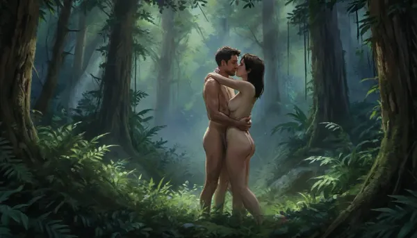 man and woman, mature 40 year old, naked, skinny, druids, hugging in lush forest, genitals covered by tall plants, green ambience, very close view above waists, (artwork, digital painting, fantasy art, loading screen art style), <lora:SumTim:.1>, <lora:J_cartoon:.1>, <lora:Sinister_Style_SDXL:.1>, <lora:EnvyAnimeDigitalPaintingXL01:.1>