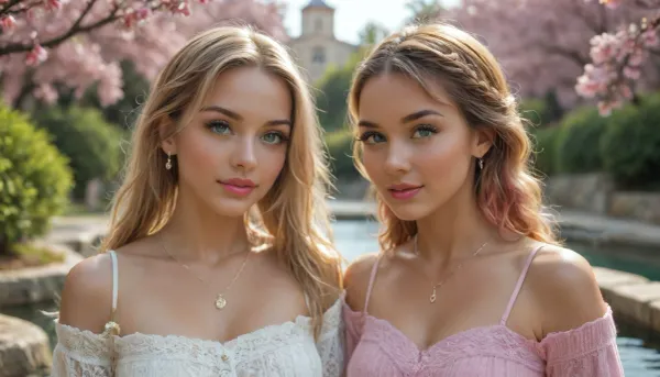 close-up, Two slim, highly attractive 25-year-old women, natural 34B bust, random dynamic poses, full body, biopunk gamer girl aesthetic. Both have flawless oval faces with high cheekbones, smooth jawlines, perfectly symmetrical large almond-shaped eyes, long thick dark eyelashes, defined arched eyebrows, straight delicate noses, full rosy lips with defined cupid's bow, flawless porcelain skin with soft blush, subtle natural makeup, glossy lips, catchlights in eyes, realistic iris texture. Woman 1, 25-year-old biopunk gamer girl, gradient pink hair in twin pigtails, subtle glowing cybernetic implants along collarbone, wearing a cropped pastel-pink knit cardigan over a white lace bralette, high-waisted cream pleated mini skirt, white thigh-high socks, pink sneakers. Woman 2, light brown hair in a single braid, faint bioluminescent circuit tattoos on arms, wearing an off-shoulder sage-green linen blouse with ruffled sleeves, fitted beige tailored shorts, brown leather ankle boots, delicate gold necklace. Setting, breathtaking scenic location, blooming cherry blossom garden with stone pathway, golden hour sunlight, soft bokeh, petals drifting in air, distant mountains and turquoise lake, subtle biopunk tech elements. Photorealistic, cinematic lighting, ultra-detailed clothing textures and faces, visible skin pores, individual eyelashes, sharp facial focus, 8K, shallow depth of field, fashion editorial style, natural skin tones, elegant composition., but, <lora:BUT_SDXL_SHS:1.7>, <lora:attractive_notrigger:1.2>