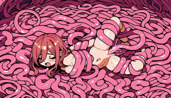 Cute, pixel art, 16 bit art, nude, tentacle sarcophagi, pink tentacles, 2 girls, tentacle floor, Nino Nakano, Miku Nakano, chibi style, tied tentacles, above view, vaginal tentacles, white background, tied arms, tied legs, moaning, close view