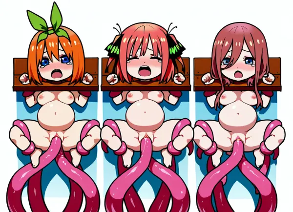 Cute, tied on pillory, wall, nude, tentacles, pink tentacles, 3 girls, Nino Nakano, Miku Nakano, Yotsuba Nakano, chibi style, tied tentacles, above view, vaginal tentacles, tied arms, tied legs, diffrrent emotions, white background, moaning, tears, early pregnancy, pain
