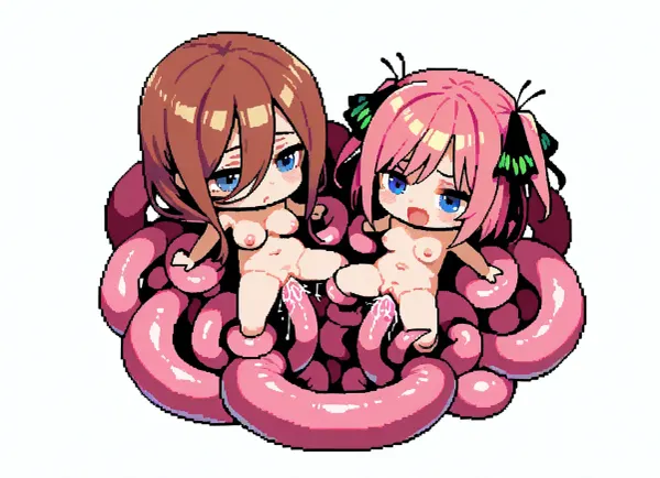 Cute, pixel art, 16 bit art, nude, tentacle sarcophagi, pink tentacles, 2 girls, Nino Nakano, Miku Nakano, chibi style, tied tentacles, above view, vaginal tentacles, white background