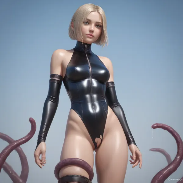 tentacle armed slaver, molesting his female elven slave, she is wearing a very tight, shiny black leather one-piece suits that are high-cut on the hips/sides, (almost swimsuit-style), low-cut in the front, and extremely form-fitting/thin, torn in crotch area