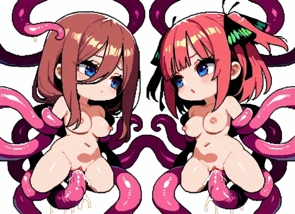 Cute, pixel art, 16 bit art, nude, tentacle around, pink tentacles, 2 girls, Nino Nakano, Miku Nakano, chibi style, white background, big heads, vaginal tentacles, stock arms
