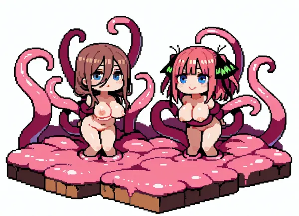 Cute, pixel art, 16 bit art, nude, tentacle sarcophagi, pink tentacles, 2 girls, Nino Nakano, Miku Nakano, chibi style, tied tentacles, tentacle mass, white background