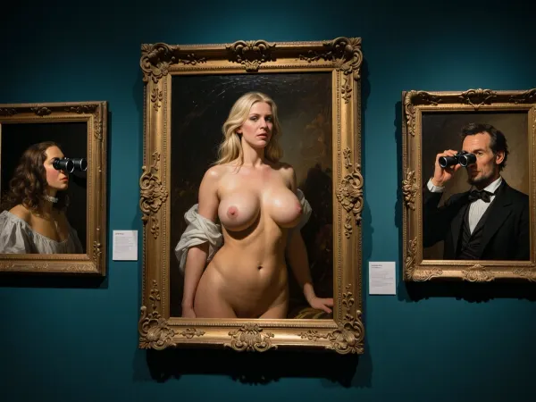 Masterpiece, oil painting on canvas, art gallery interior, three ornate gold frames hanging on dark teal walls, center painting is a voluptuous blonde woman in her 30s, naked, enormous breasts, classic Venus de Milo pose, left painting depicts a Cavalier facing right looking at the centre painting through a pair of binoculars, right painting depicts Abraham Lincoln looking left at the centre painting using binoculars. dramatic Caravaggio chiaroscuro lighting, focused spotlights illuminating each painting from above, deep shadows, rich textures, heavy impasto brushwork, museum atmosphere, hyper-realistic, highly detailed, sharp focus, 8k UHD, cinematic composition, museum lighting.