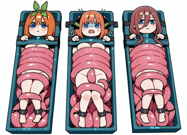 Cute, tied on tentacle pillory, nude, tied on tentacle sarcophagus, shackles, 3 girls, lies on back, Nino Nakano, Miku Nakano, Yotsuba Nakano, chibi style, above view, tied arms, tied legs, white background, body belts, scared, pink tentacles